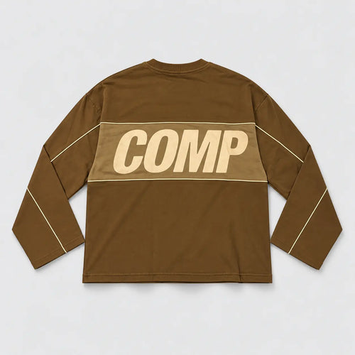 Brown COMP long-sleeve top with cream piping