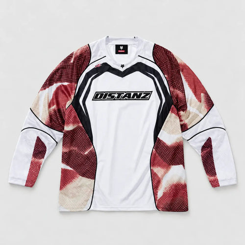 Front view of the white, black, and burgundy Circuit Motocross Jersey